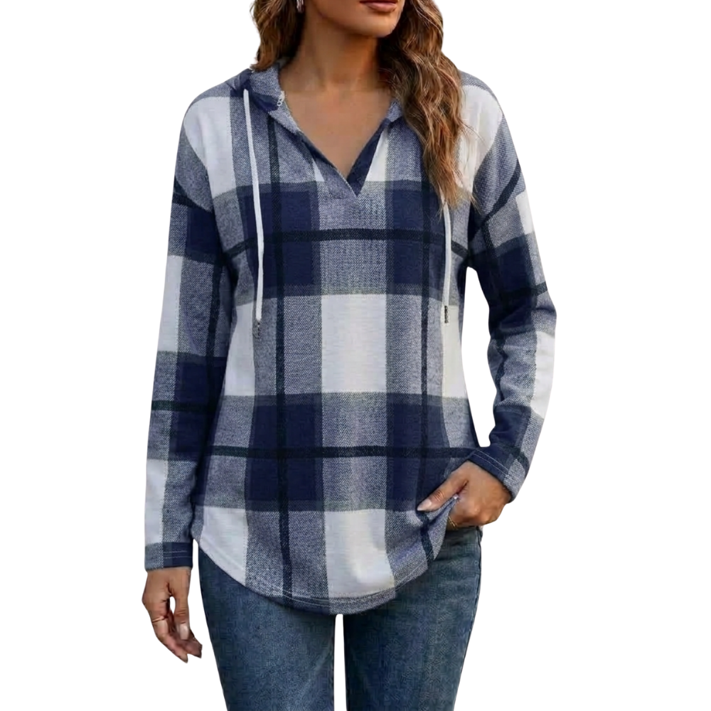Softly Flattering Plaid Hoodie for Women -Navy Blue - Ozerty