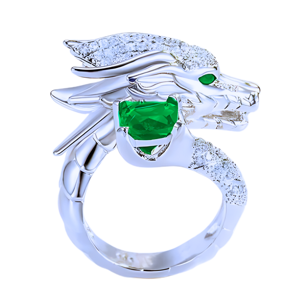 Unique Handmade Silver Dragon Ring -Green - Ozerty