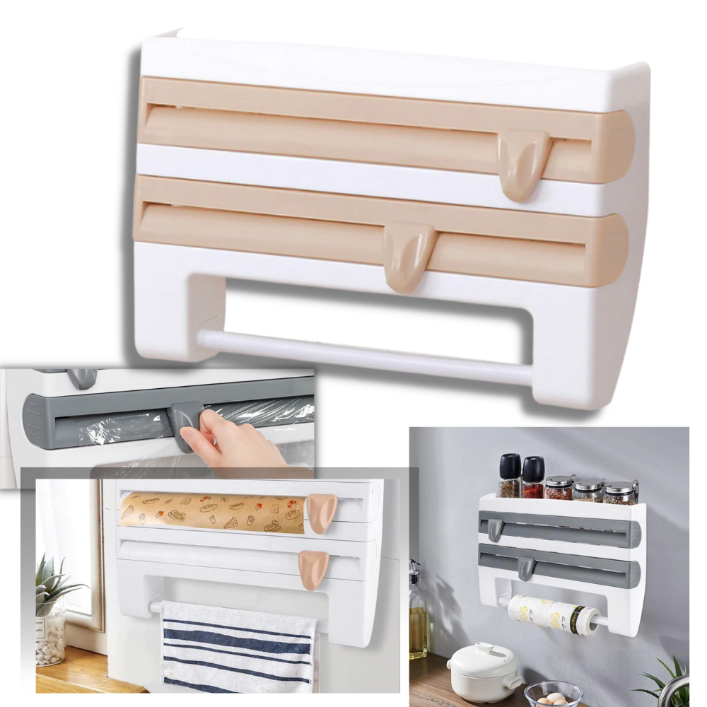 3 IN 1 Wall-Mount Paper Towel Holder Preservative Film Dispenser Aluminum  Foil Barbecue with Cutter Sauce Bottle Storage Rack