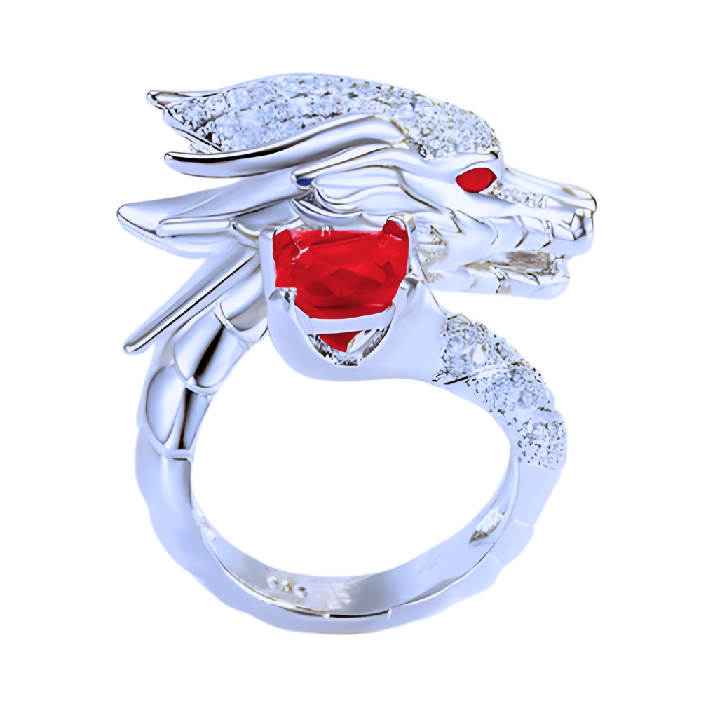 Unique Handmade Silver Dragon Ring  -Red - Ozerty