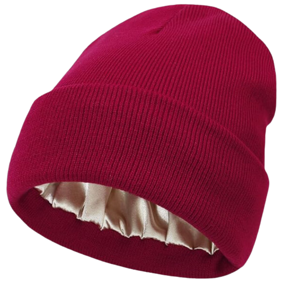 Warm Knit Satin Lined Beanie -Red - Ozerty