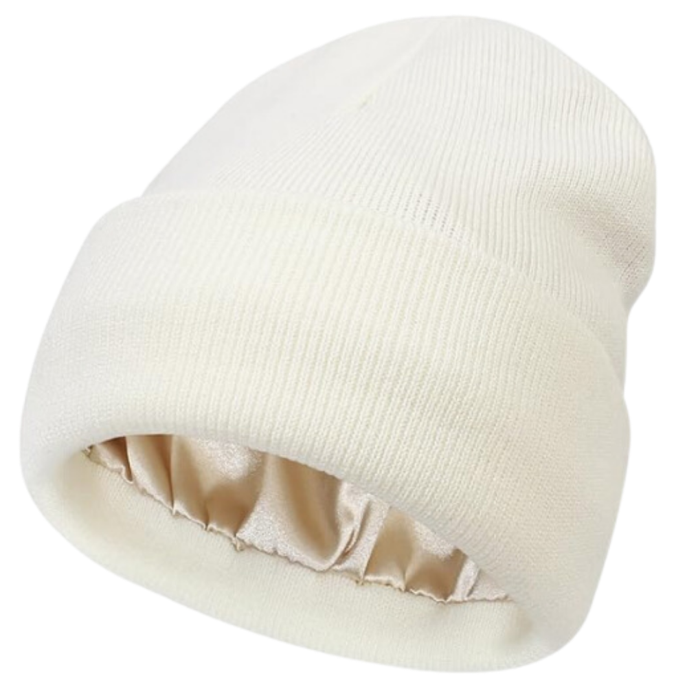 Warm Knit Satin Lined Beanie -White - Ozerty