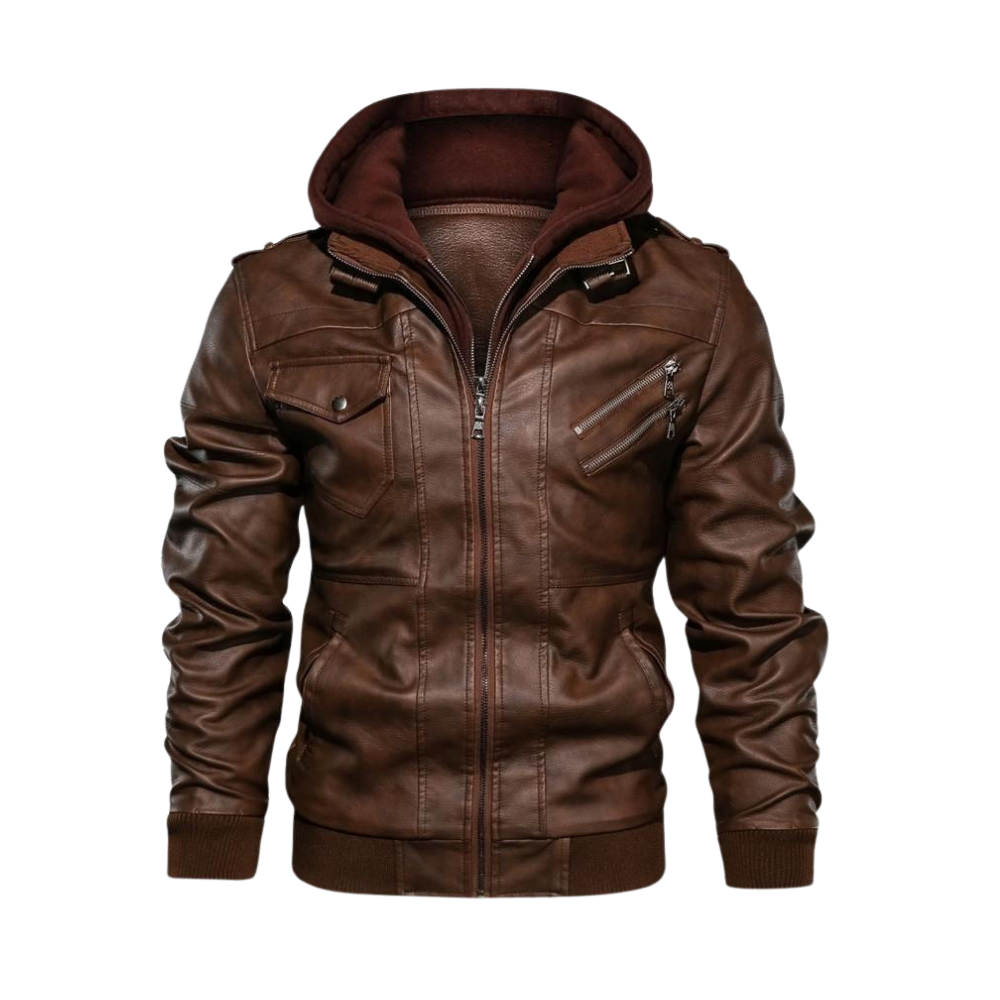 Classic Brown Leather Motorcycle Jacket -Brown - Ozerty